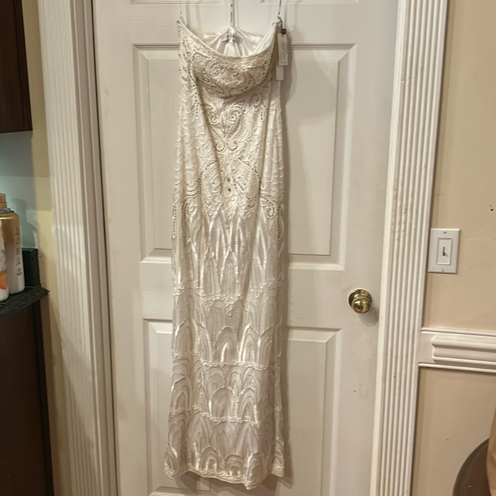 Sue Wong Nocturne White Beaded Column Formal Dress Sz 8